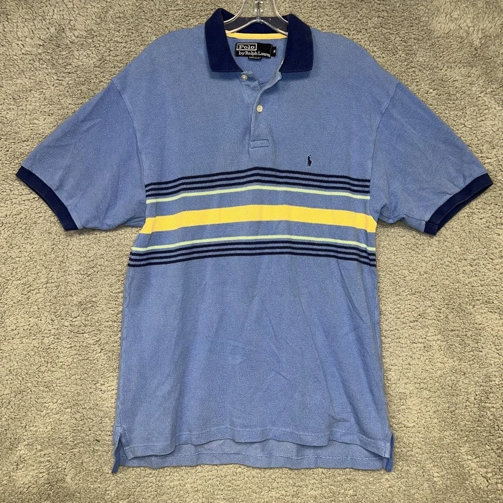 VTG Polo Ralph Lauren Shirt‎ Men's Size Medium Blue Stripe Polo Made in USA 90s